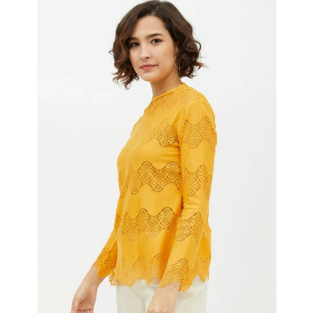 HD Women's Cotton Lace Inserts Long Sleeves Top (Yellow)