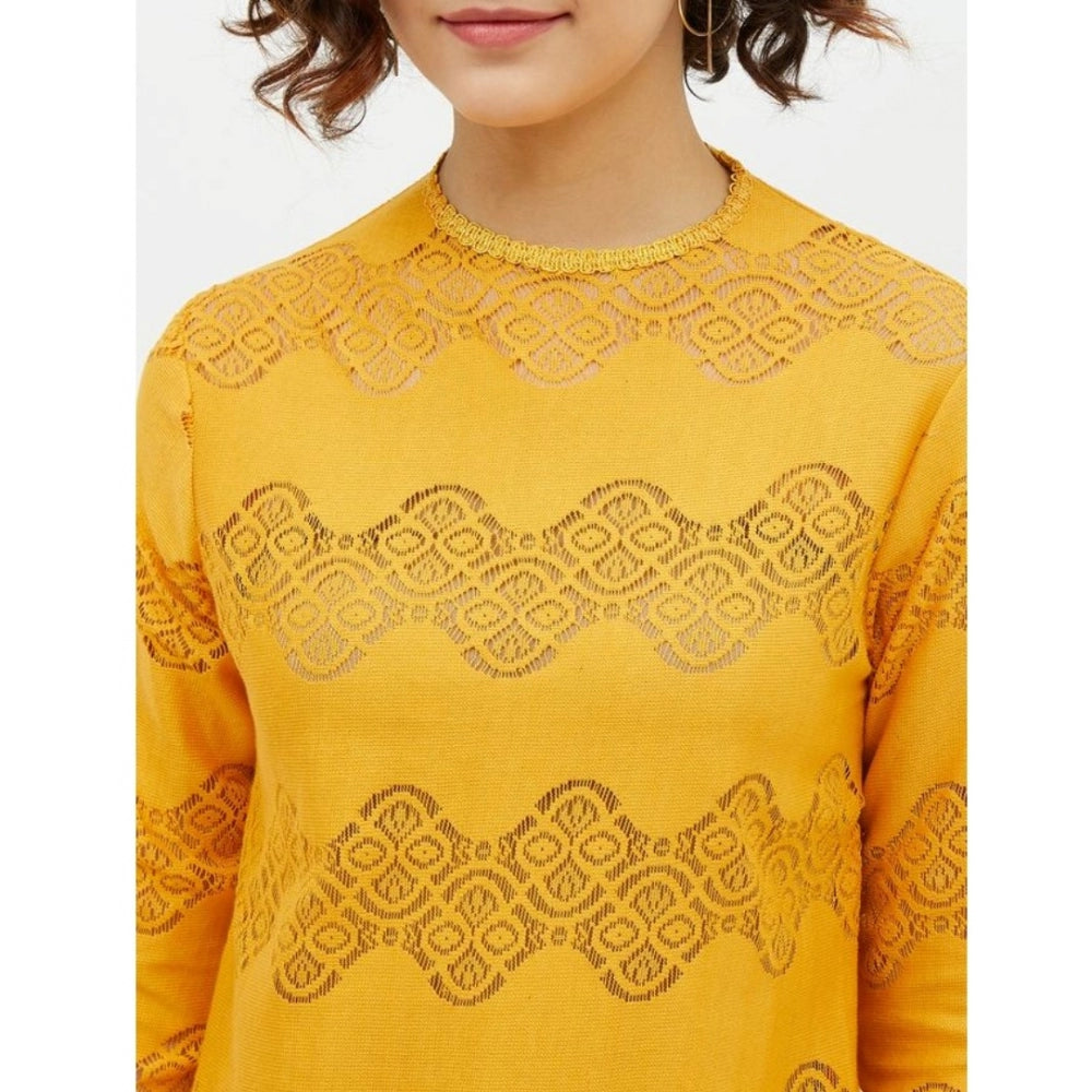 HD Women's Cotton Lace Inserts Long Sleeves Top (Yellow)