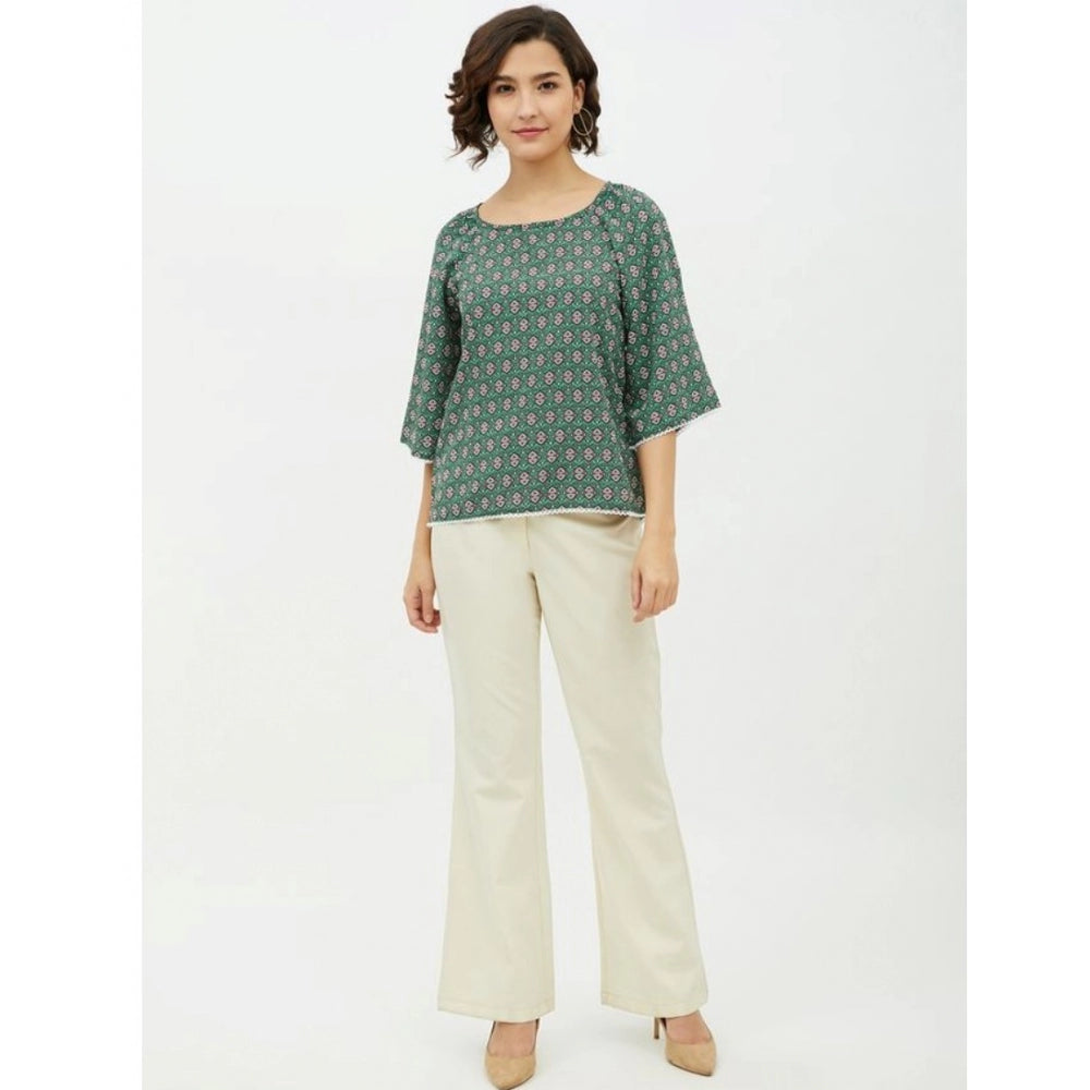 HD Women's Polyester Printed 3-4th Sleeves Top (Green)