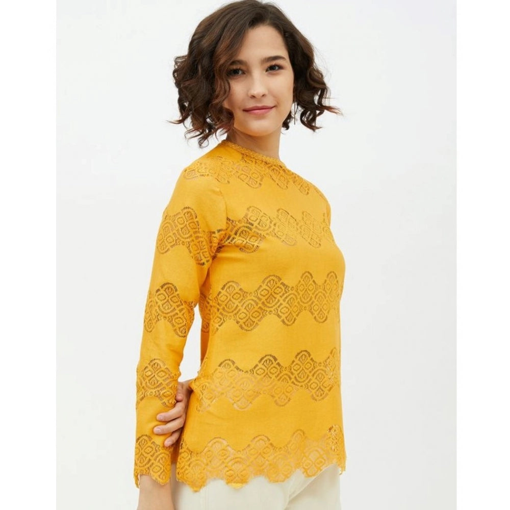 HD Women's Cotton Lace Inserts Long Sleeves Top (Yellow)