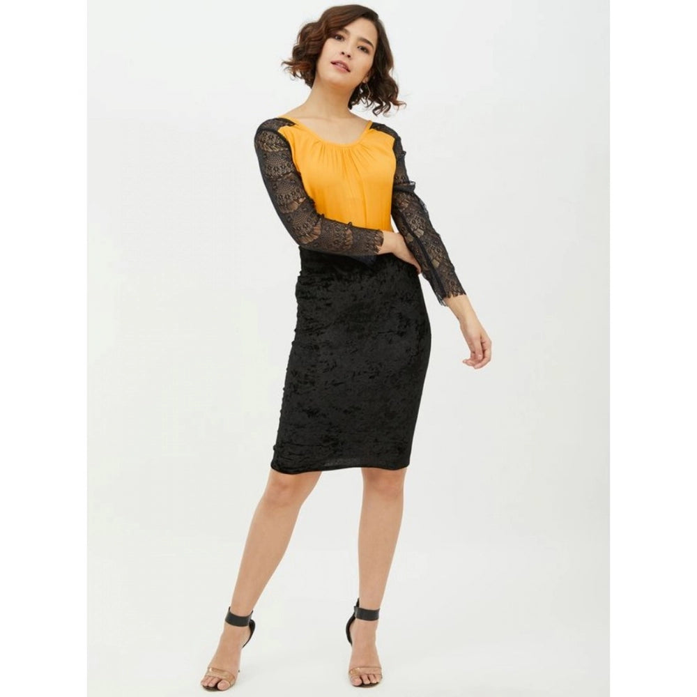 HD Women's Rayon Lace Inserts Long Sleeves Top (Yellow)
