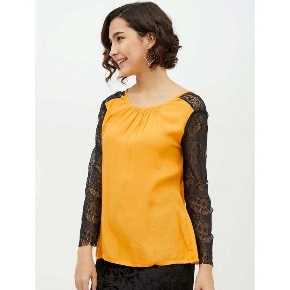 HD Women's Rayon Lace Inserts Long Sleeves Top (Yellow)