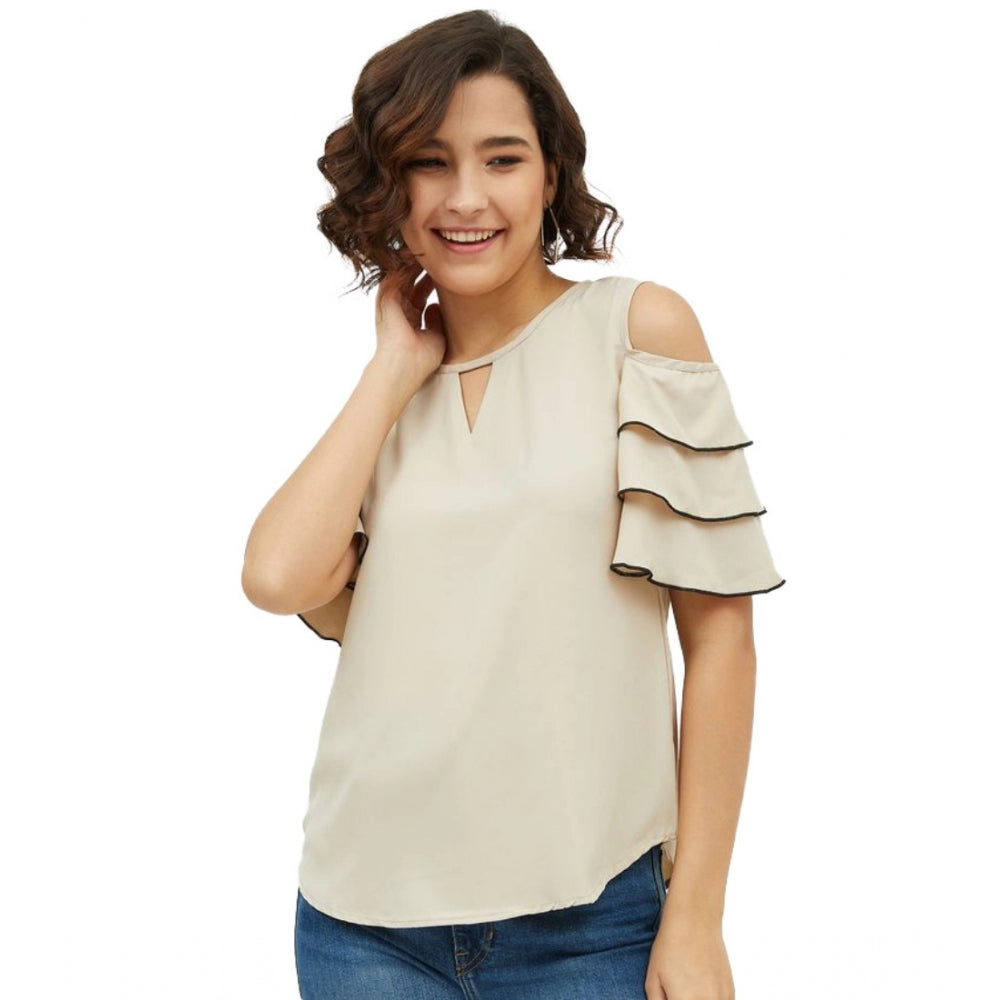 HD Women's Polyester Tiered Cold Shoulder Top (Beige)