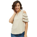HD Women's Polyester Tiered Cold Shoulder Top (Beige)