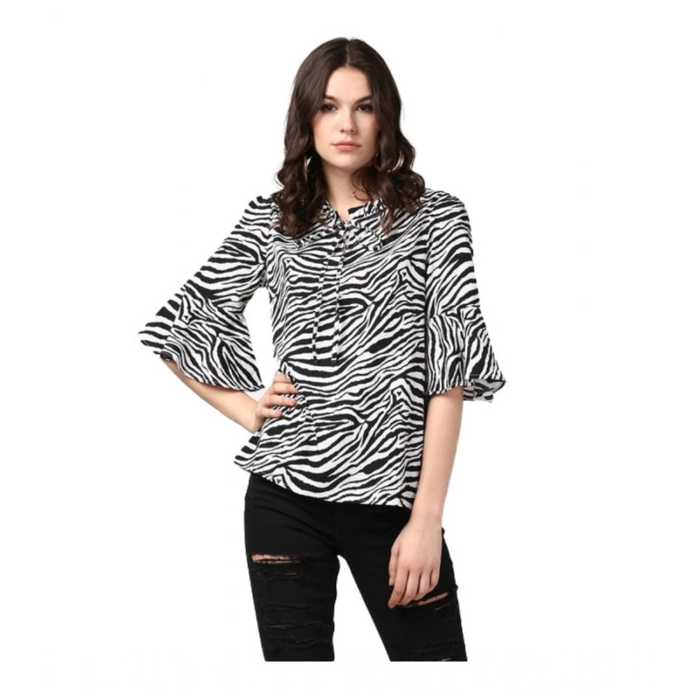 HD Women's Polyester Animal Print Bell Sleeve Top (Black - White)