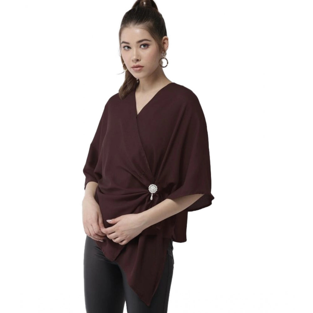 HD Women's Polyester Solid Cape Sleeve Top (Maroon)