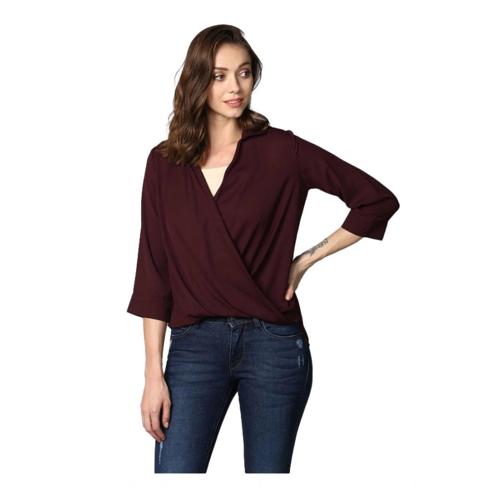HD Women's Polyester Solid 3-4th Sleeves Top (Maroon)
