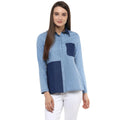 HD Women's Denim Patch Work Long Sleeves Regular Top (Blue)