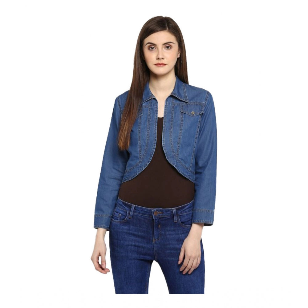 HD Women's Denim Solid 3-4th Sleeves Shrug (Blue)