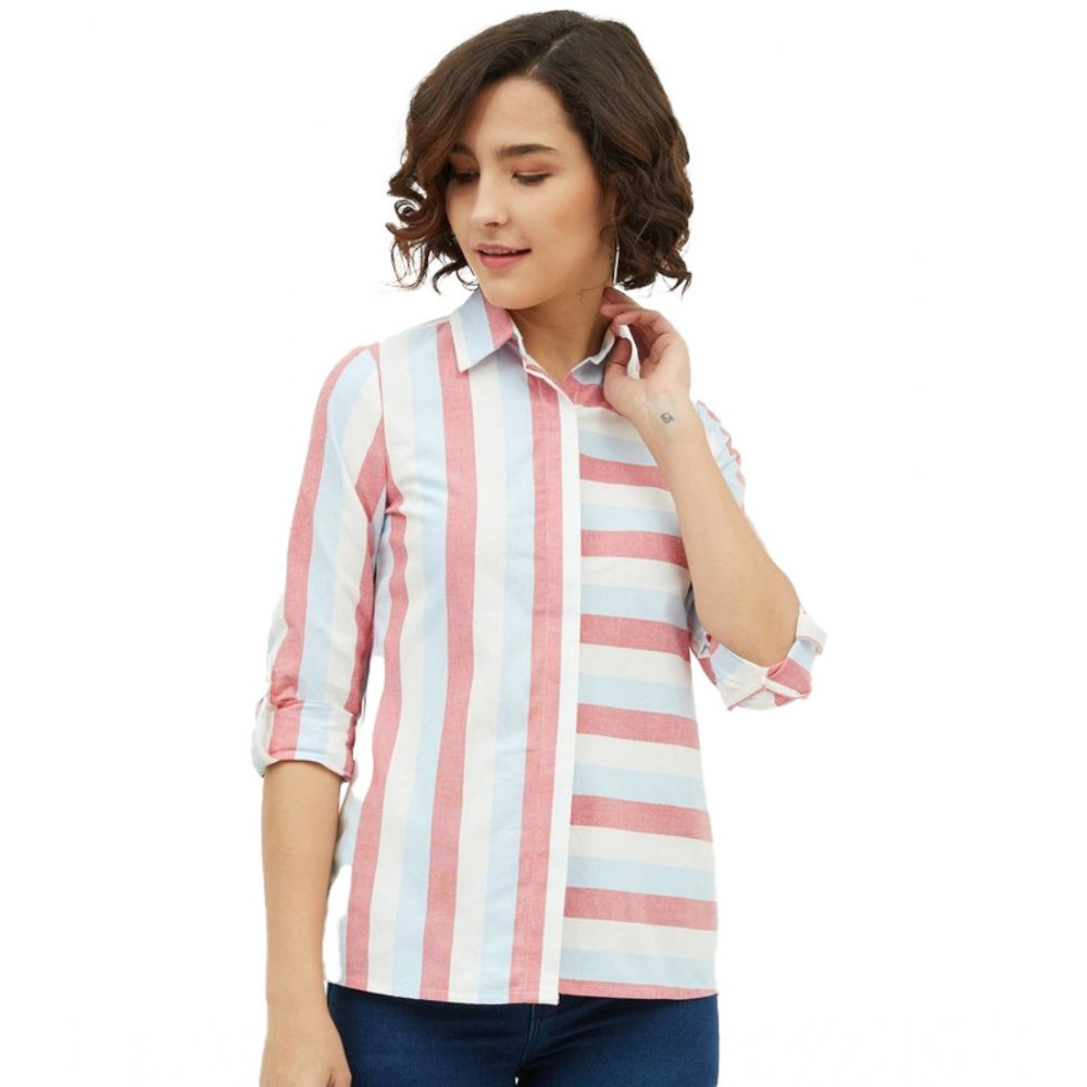HD Women's Cotton Striped Long Sleeves Standard Length Shirt (Pink)