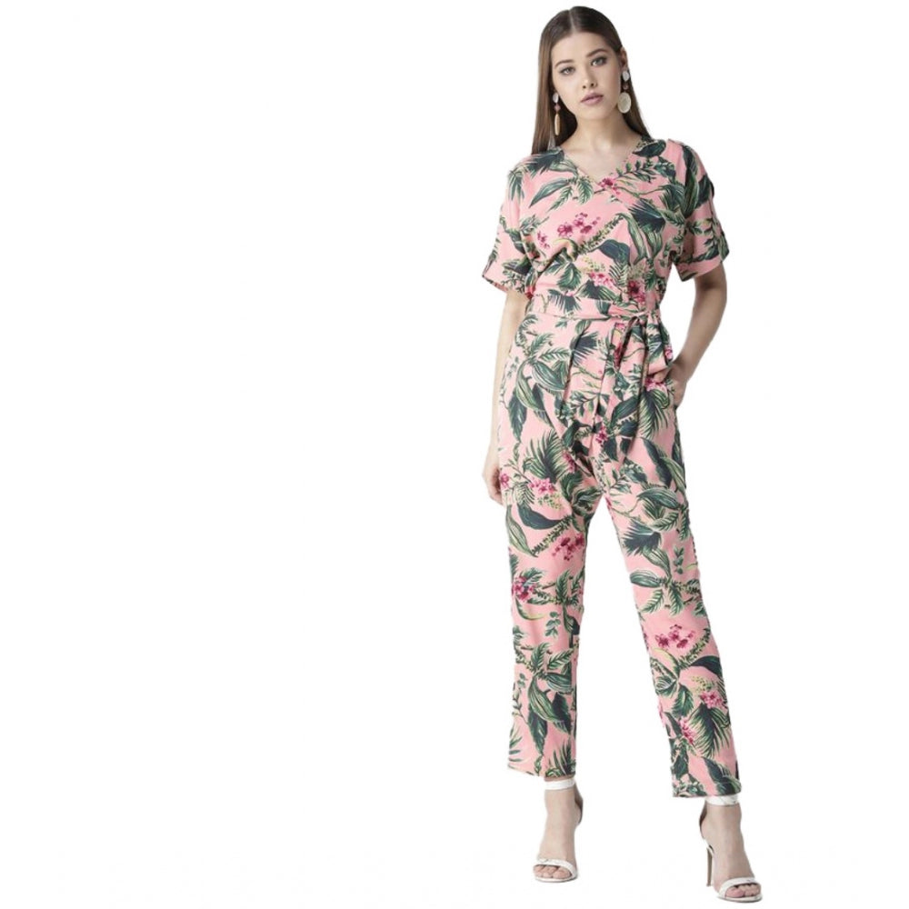 HD Women's Polyester Floral Half Sleeve Jumpsuit (Pink)