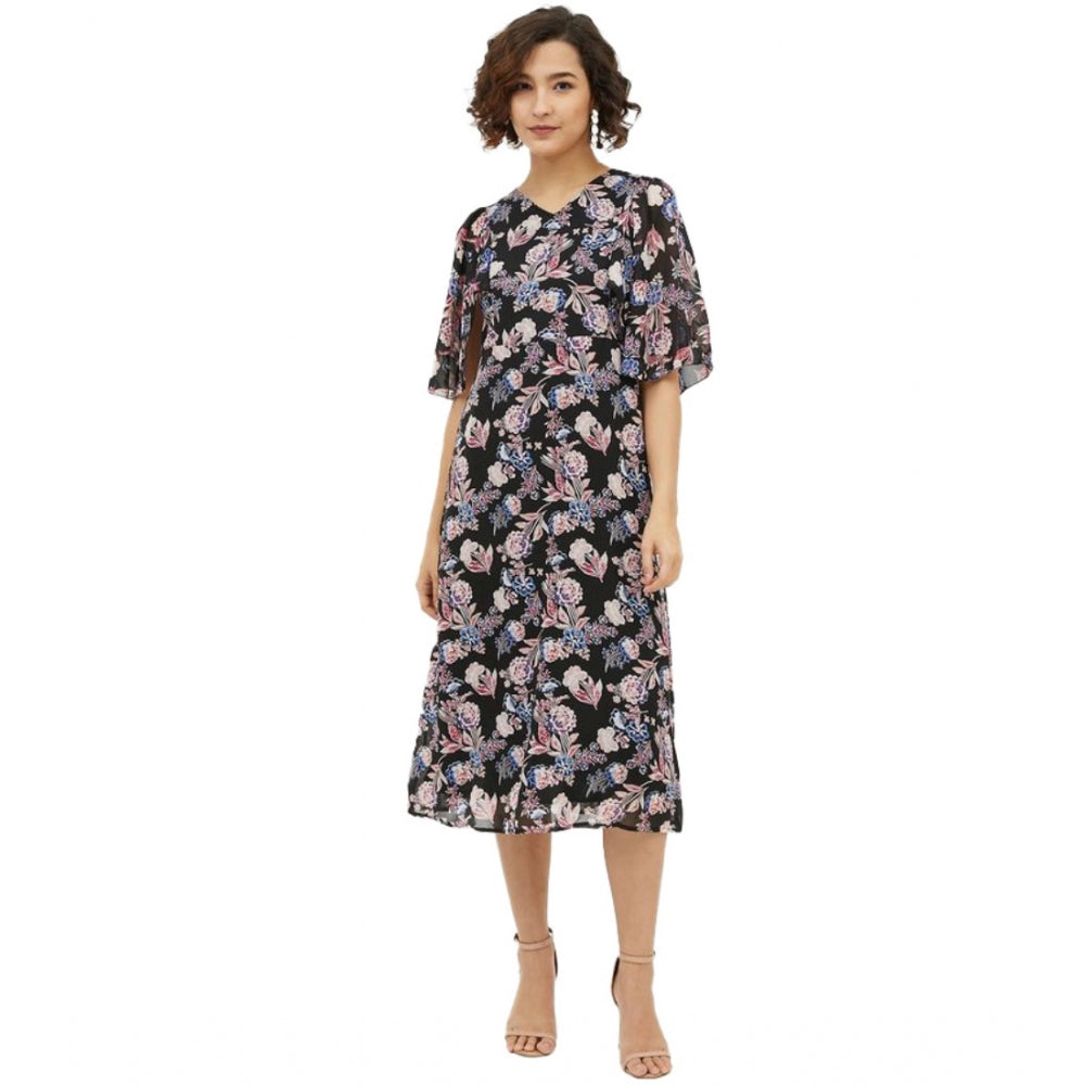 HD Women's Polyester Chain Print Cap Sleeve Calf-length Dress (Multicolor)