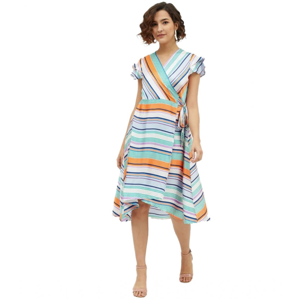 HD Women's Satin Striped Short Sleeve Knee-Length Dress (Multicolor)
