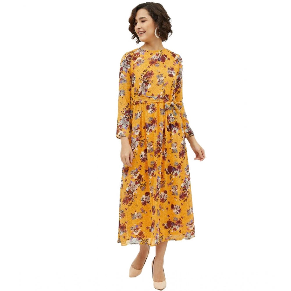 HD Women's Polyester Floral Long Sleeves Calf-length Dress (Multicolor)