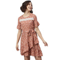 HD Women's Polyester Polka Bell Sleeve Above Knee Dress (Brown)