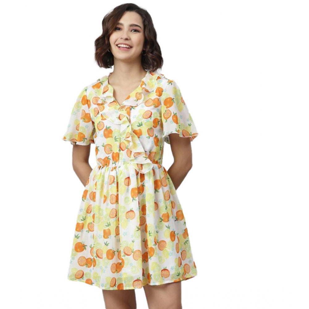 HD Women's Polyester Printed Flutter Above Knee Dress (Yellow - Orange)
