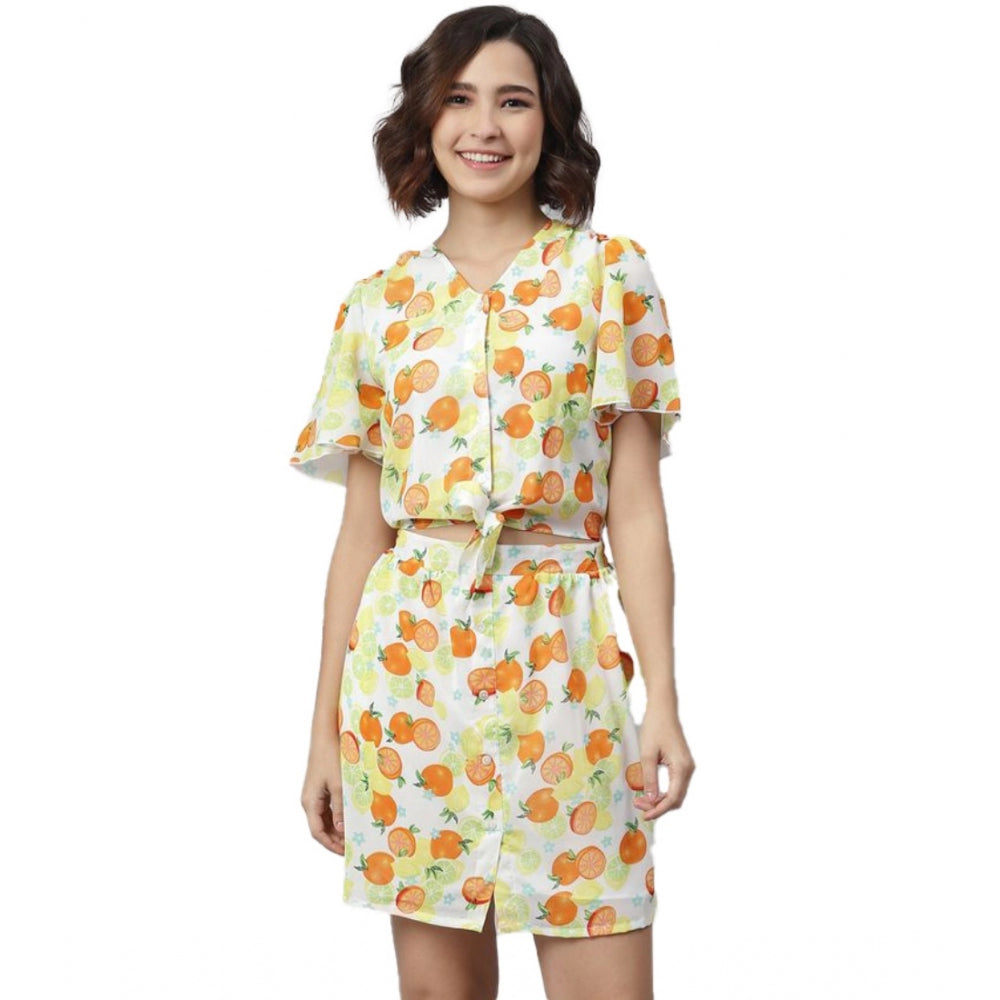 HD Women's Polyester Printed Flutter Above Knee Dress (Orange - Yellow)
