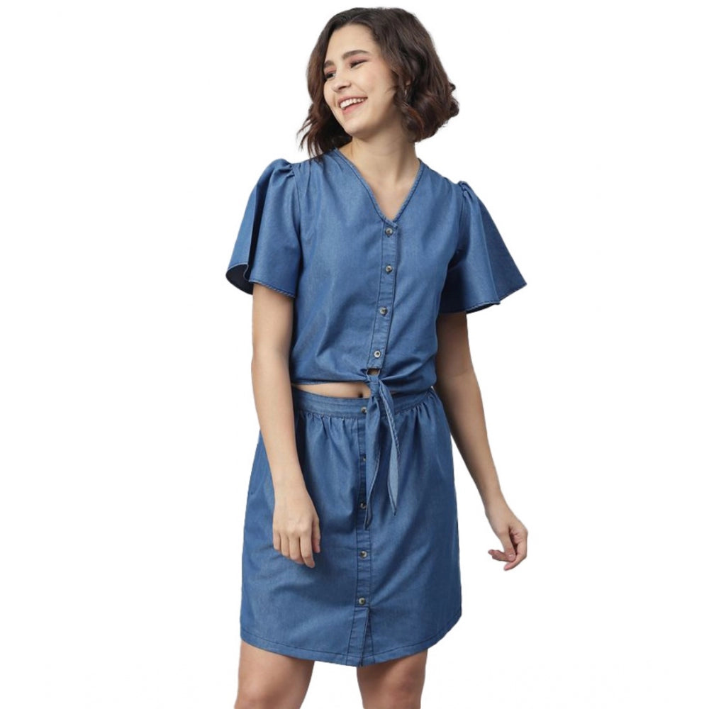 HD Women's Denim Solid Flutter Above Knee Dress (Blue)