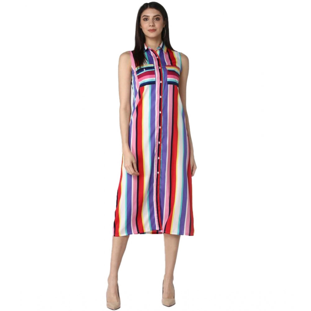 HD Women's Polyester Striped Sleeveless Calf-length Dress (Multicolor)