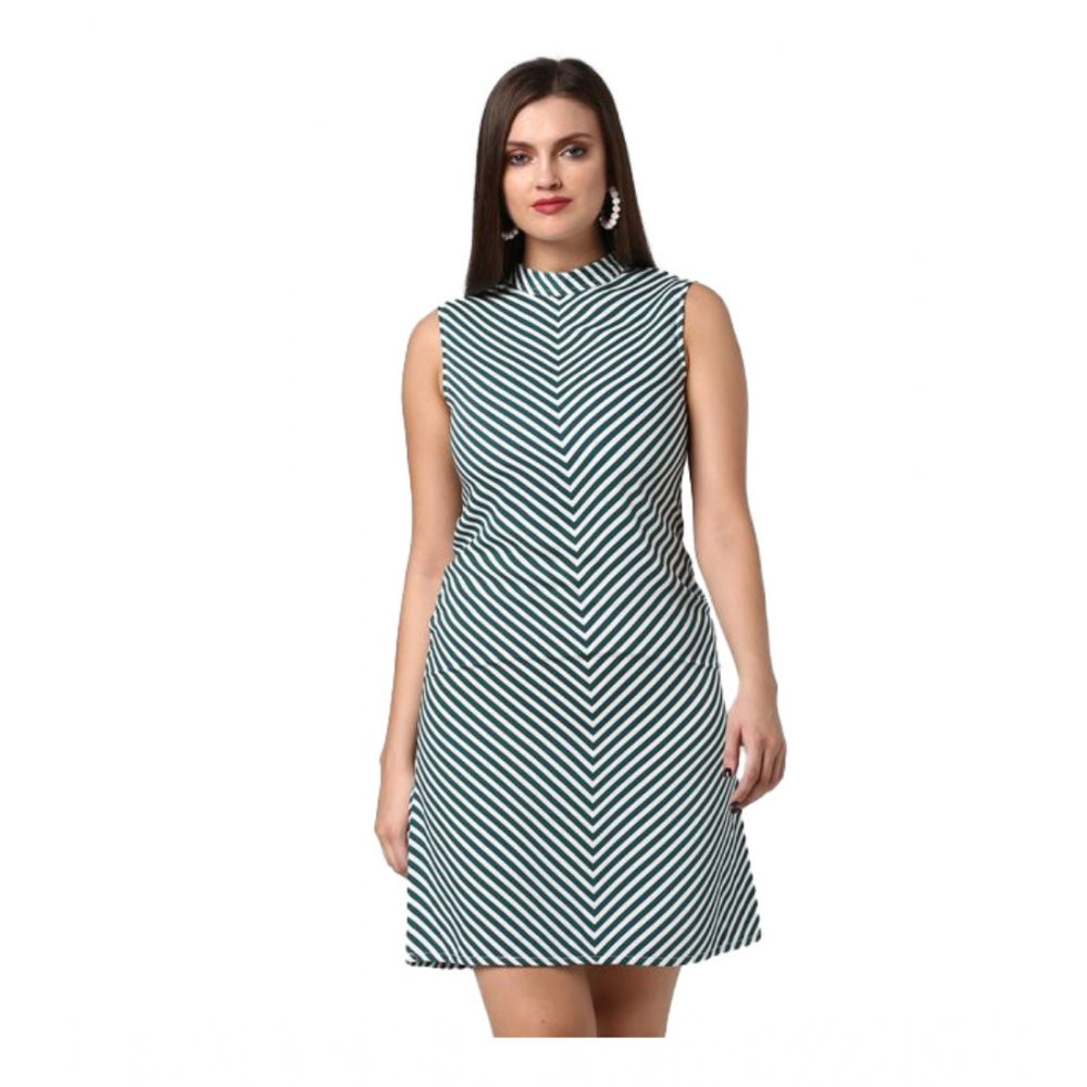 HD Women's Polyester Striped Sleeveless Above Knee Dress (Green)