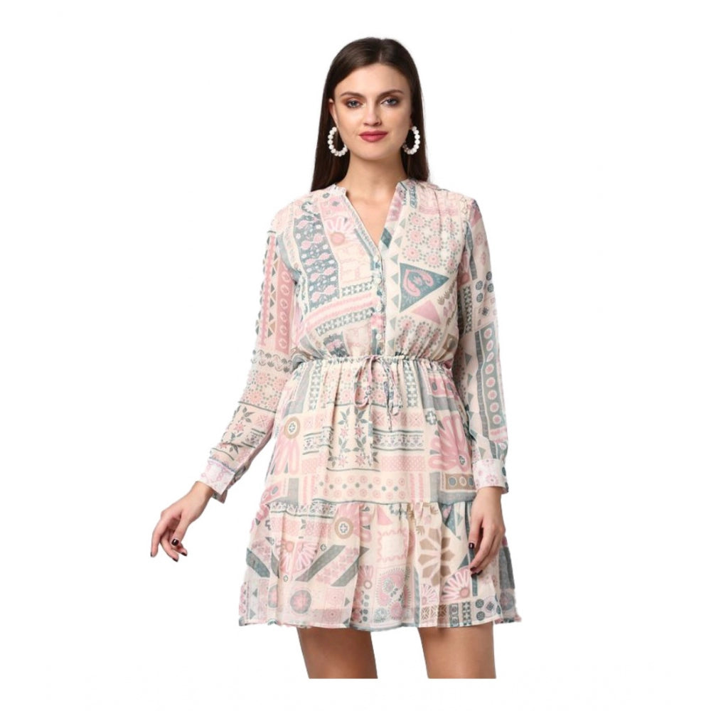 HD Women's Polyester Printed Long Sleeves Above Knee Dress (Light Pink - Off White)