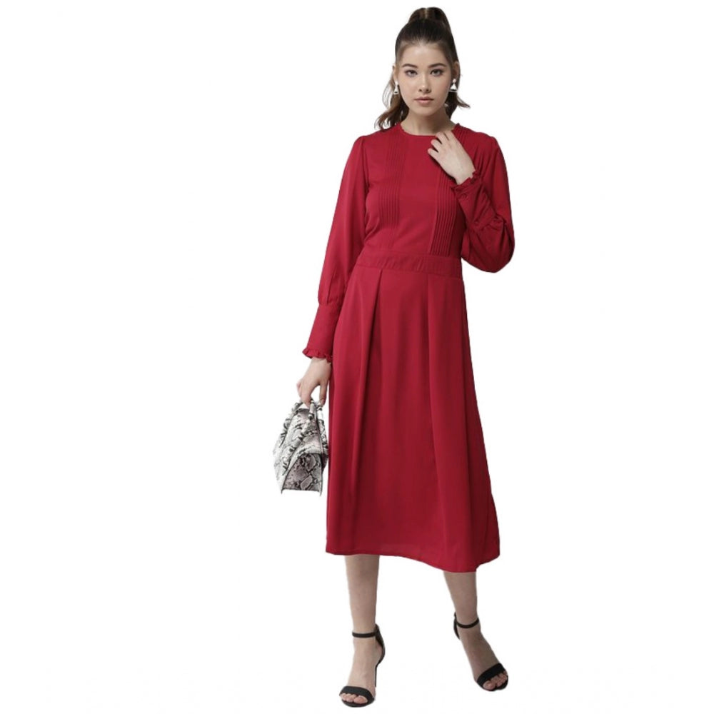 HD Women's Polyester Pintuck Long Sleeves Below Knee Dress (Red)