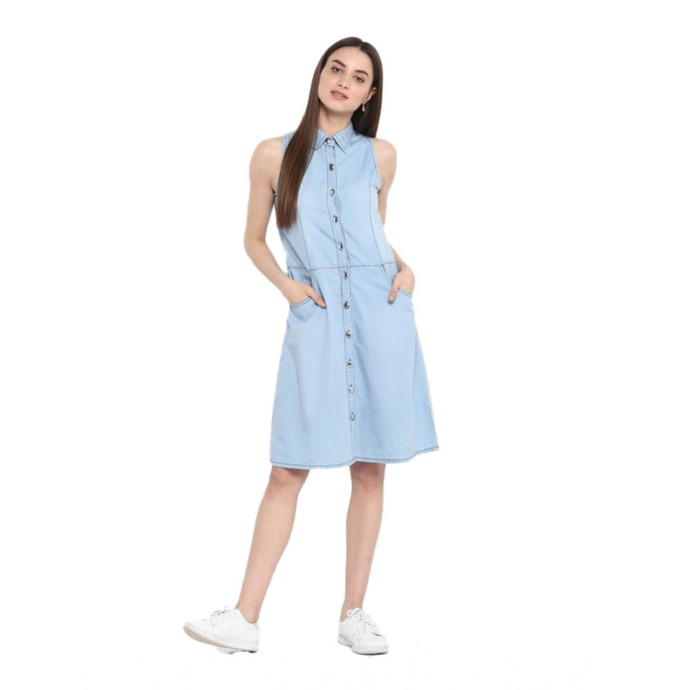 HD Women's Denim Solid Sleeveless Below Knee Dress (Blue)