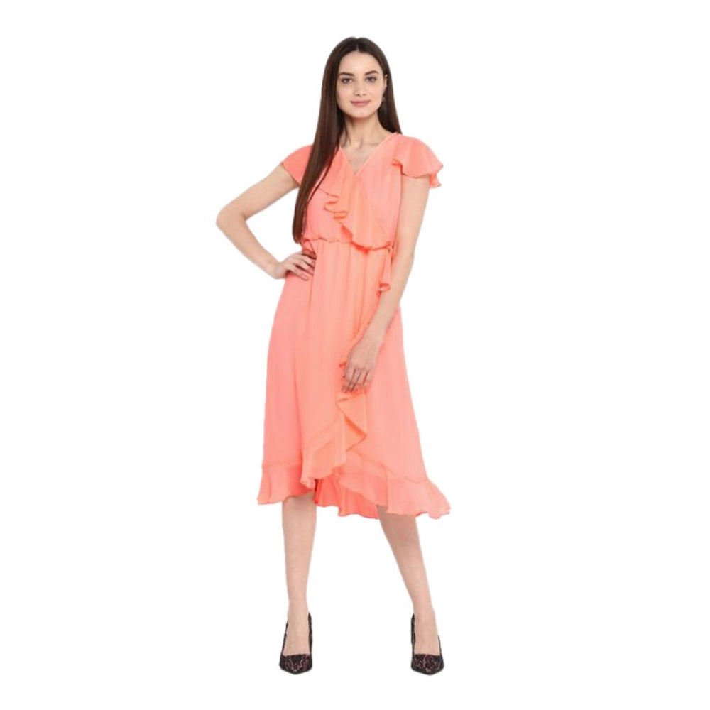 HD Women's Polyester Ruffled Cap Sleeve Below Knee Dress (Neon Pink)