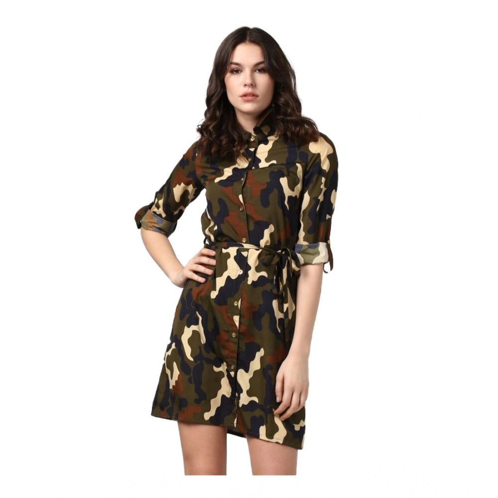 HD Women's Polyester Printed Roll Up Sleeve Tunic Top (Green - Black)