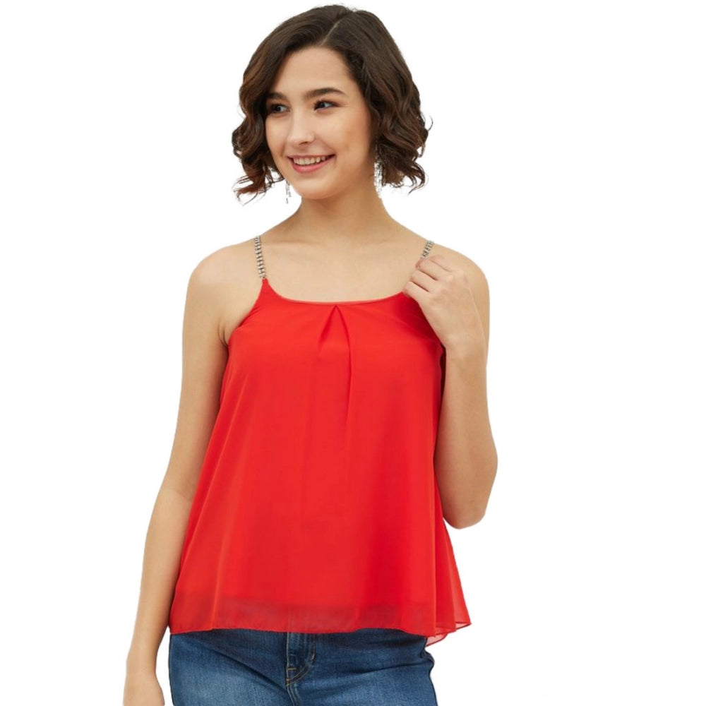 HD Women's Polyester Embellished Shoulder Straps Top (Red)