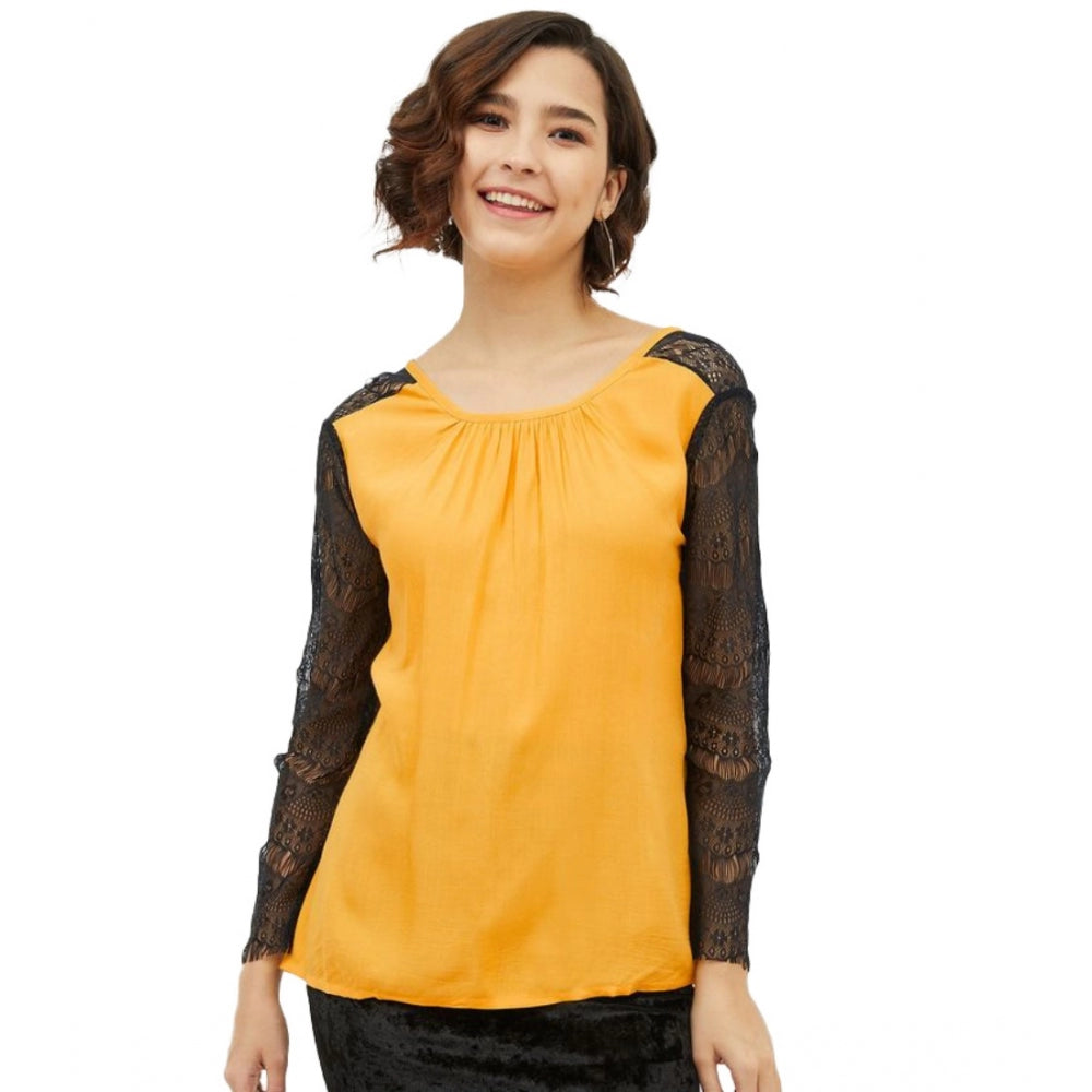 HD Women's Rayon Lace Inserts Long Sleeves Top (Yellow)