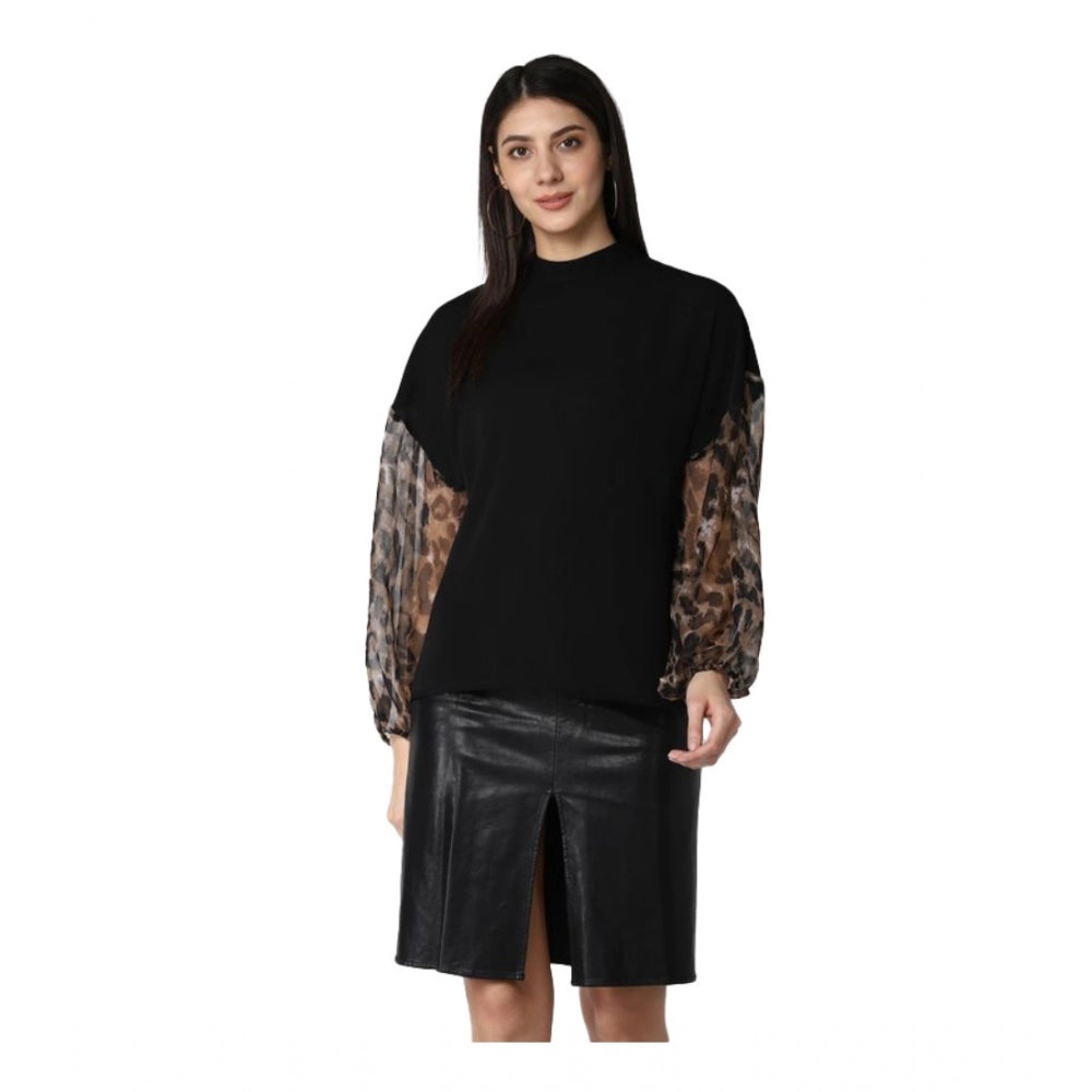 HD Women's Polyester Animal Print Long Sleeves Top (Black)
