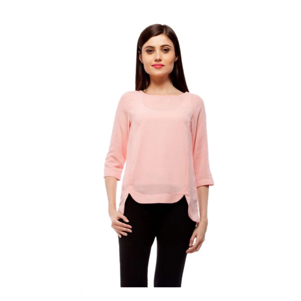 HD Women's Polyester Solid 3-4th Sleeves Regular Top (Peach)