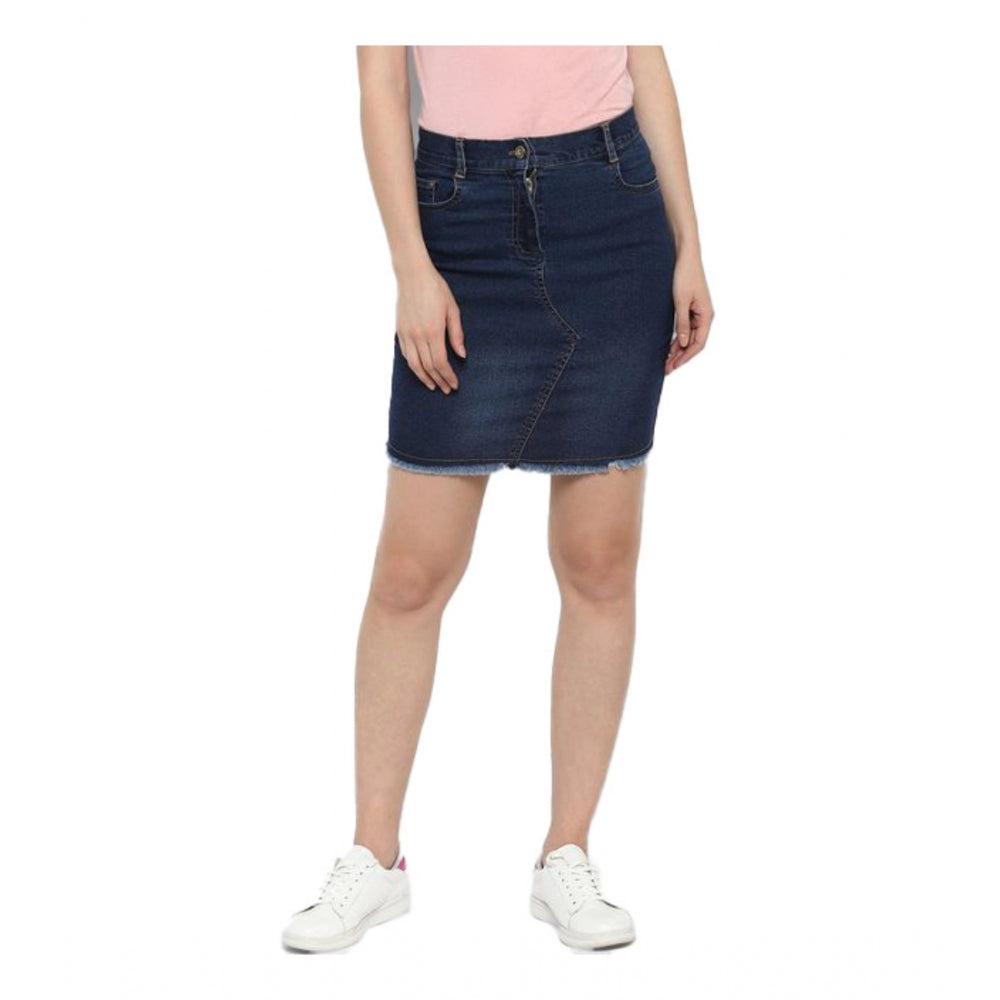 HD Women's Denim Stitching Pattern Buttoned Skirt (Blue)