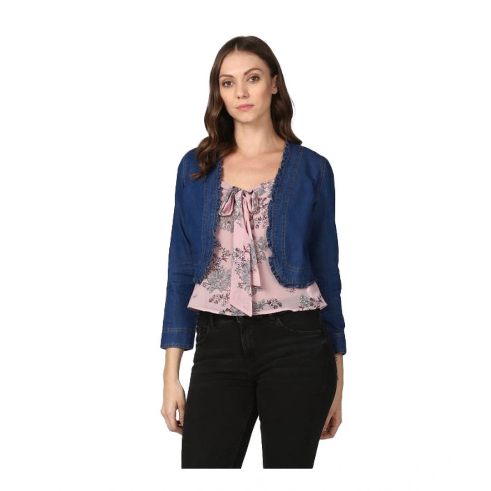 HD Women's Denim Ruffled Long Sleeves Shrug (Navy Blue)