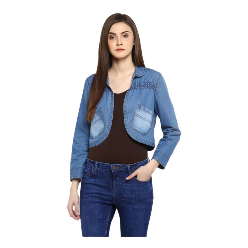 HD Women's Denim Smocking 3-4th Sleeves Shrug (Blue)