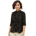 HD Women's Polyester Ruffled Long Sleeves Standard Length Shirt (Black)