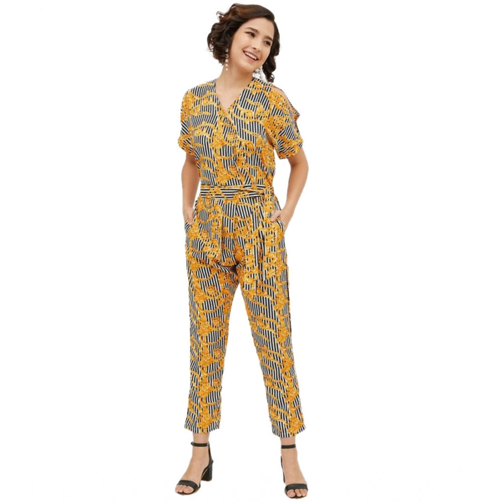 HD Women's Polyester Printed Half Sleeve Long Jumpsuit (Yellow)