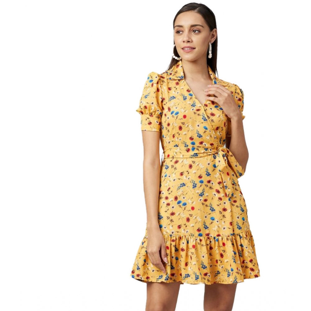 HD Women's Polyester Floral Short Sleeve Above Knee Dress (Yellow)
