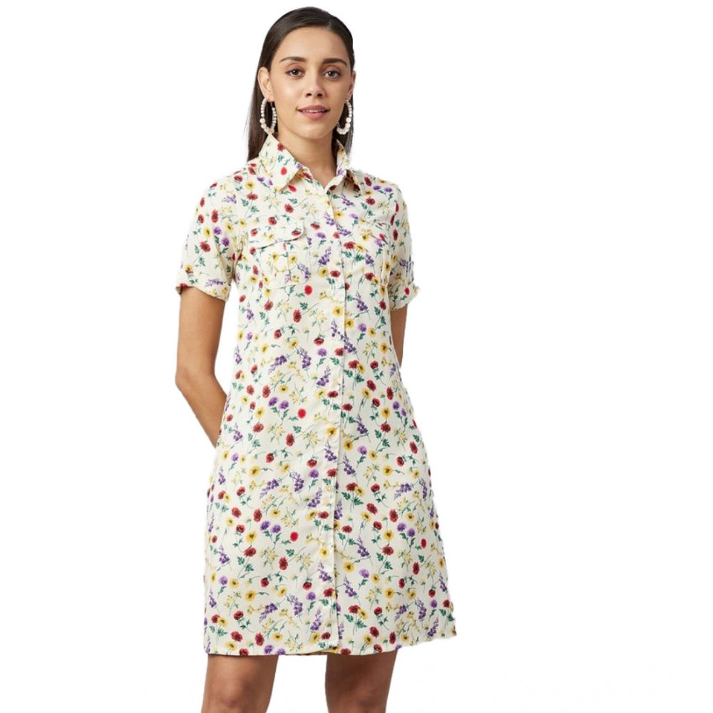 HD Women's Polyester Floral Short Sleeve Above Knee Dress (Multicolor)
