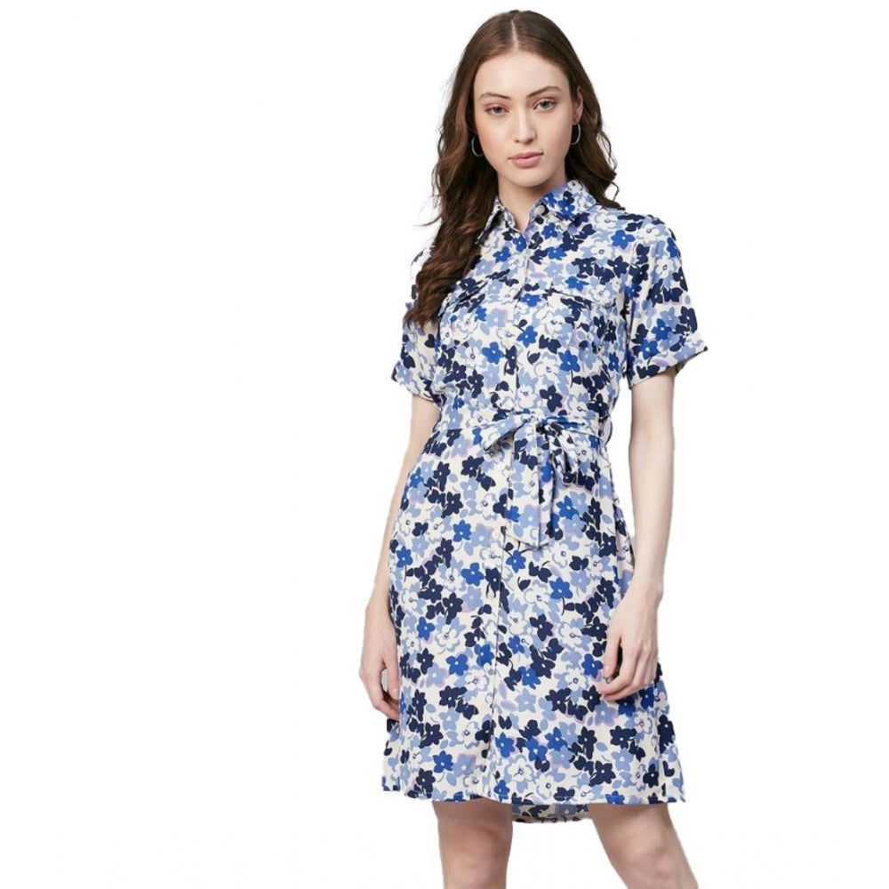 HD Women's Polyester Floral Short Sleeve Above Knee Dress (Blue - White)