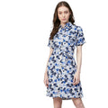 HD Women's Polyester Floral Short Sleeve Above Knee Dress (Blue - White)