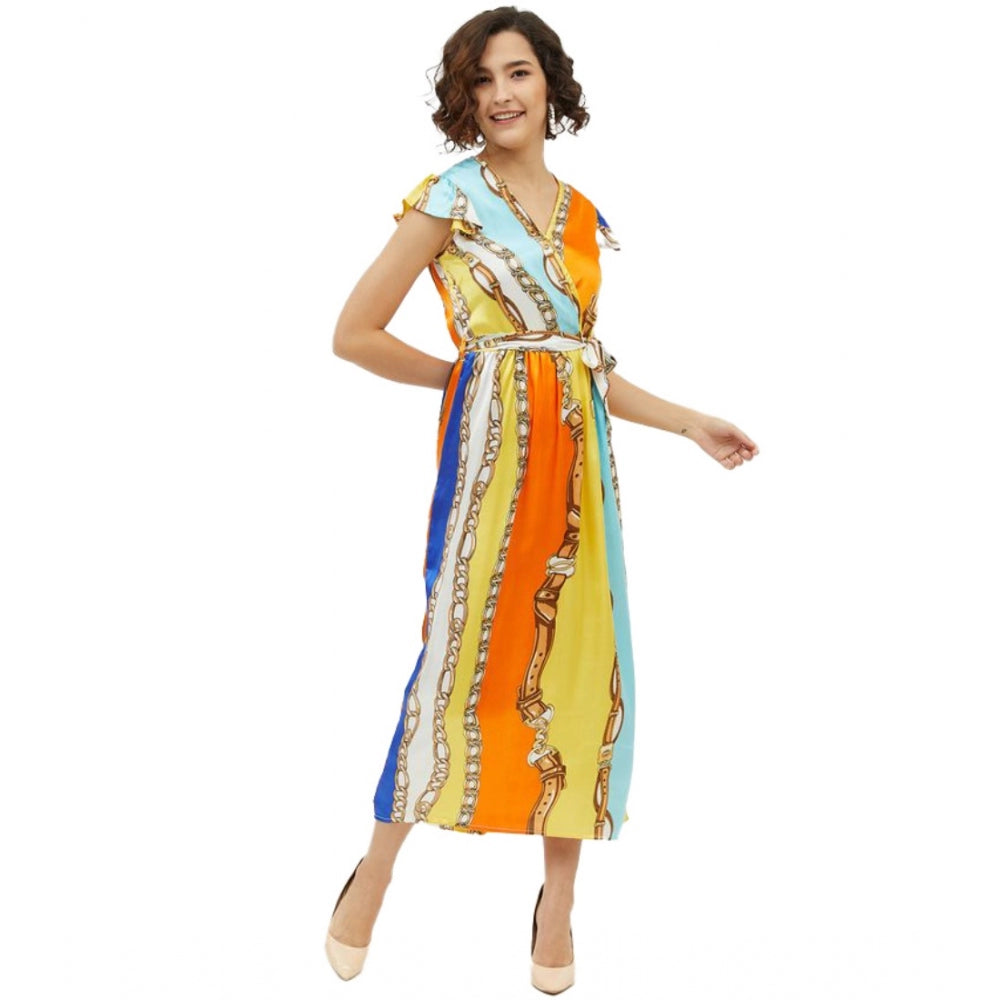 HD Women's Satin Chain Print Cap Sleeve Calf-length Dress (Multicolor)