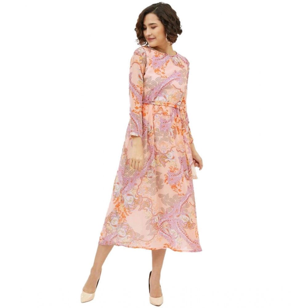HD Women's Polyester Printed Long Sleeves Calf-length Dress (Multicolor)