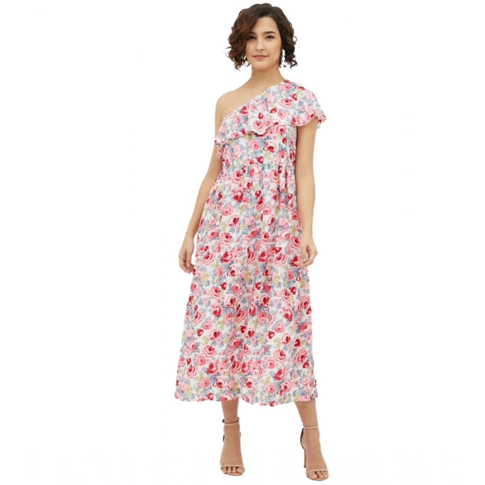 HD Women's Polyester Floral One Shoulder Calf-length Dress (Multicolor)