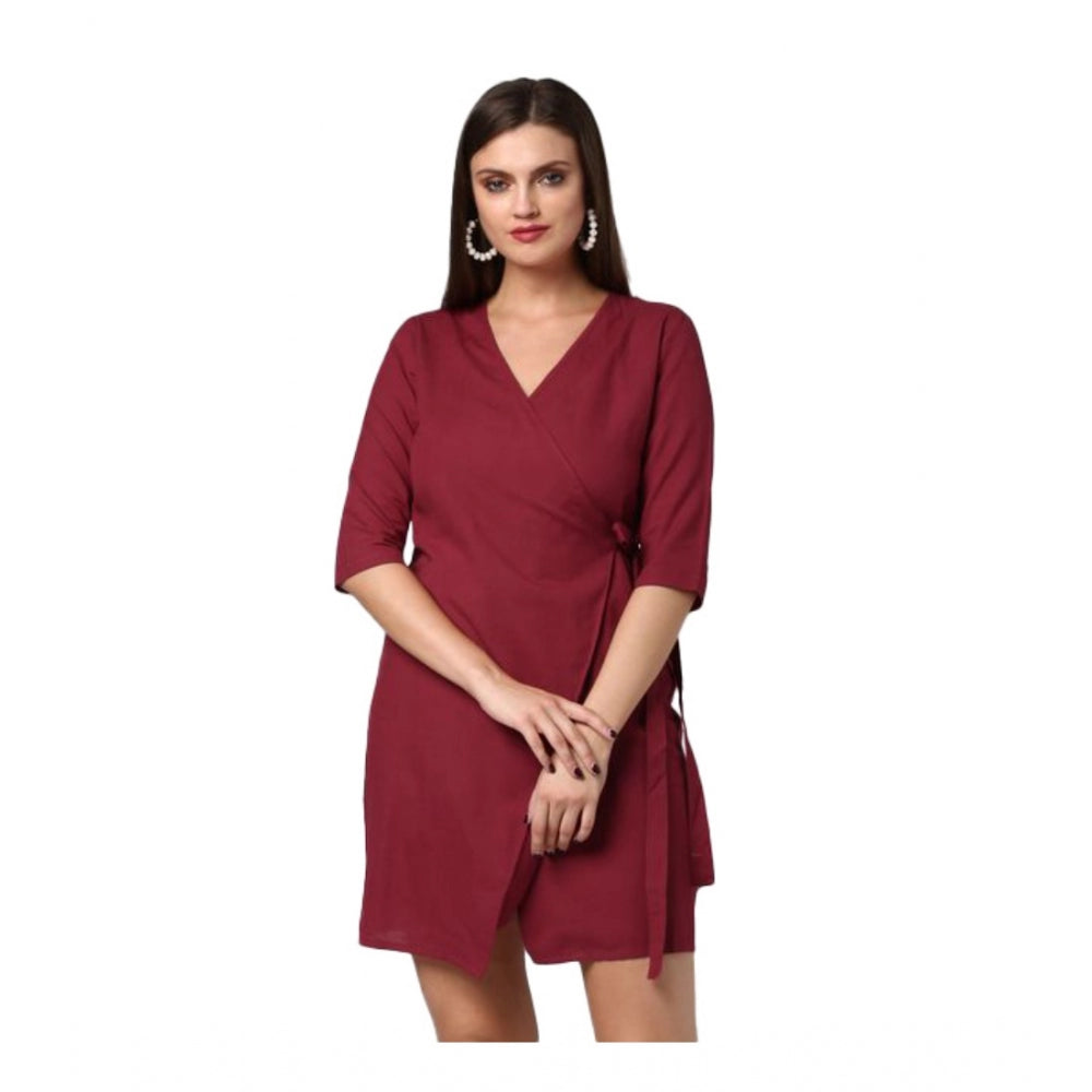 HD Women's Cotton Solid 3-4th Sleeves Above Knee Dress (Maroon)