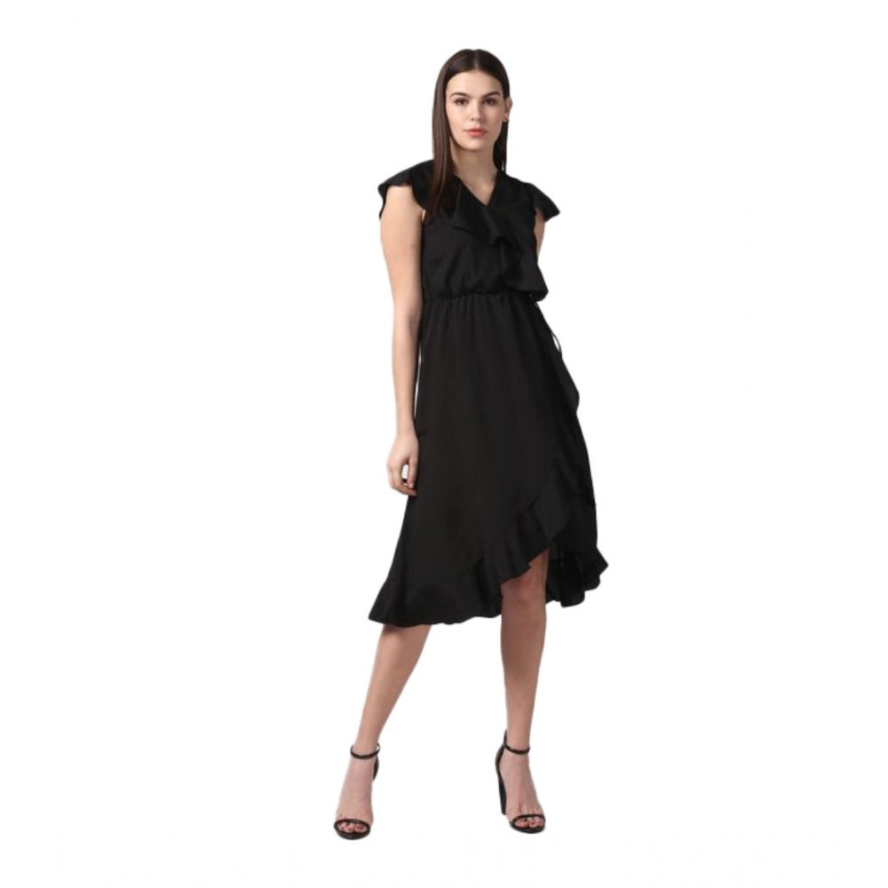 HD Women's Polyester Ruffled Cap Sleeve Knee-Length Dress (Black)