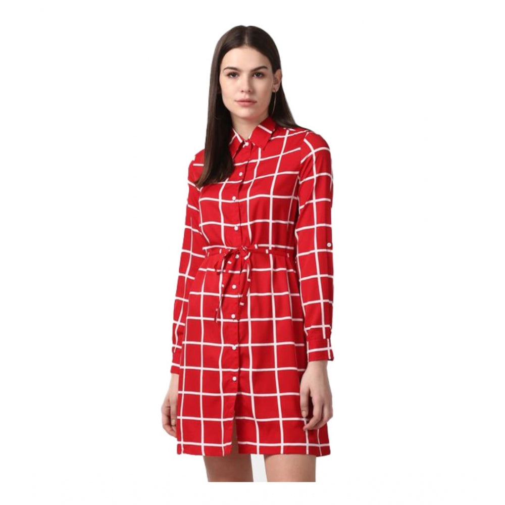 HD Women's Polyester Checkered Long Sleeves Above Knee Dress (Red)