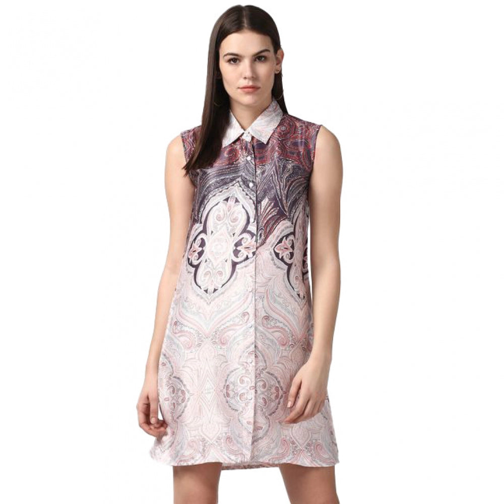 HD Women's Polyester Printed Sleeveless Above Knee Dress (Orange)