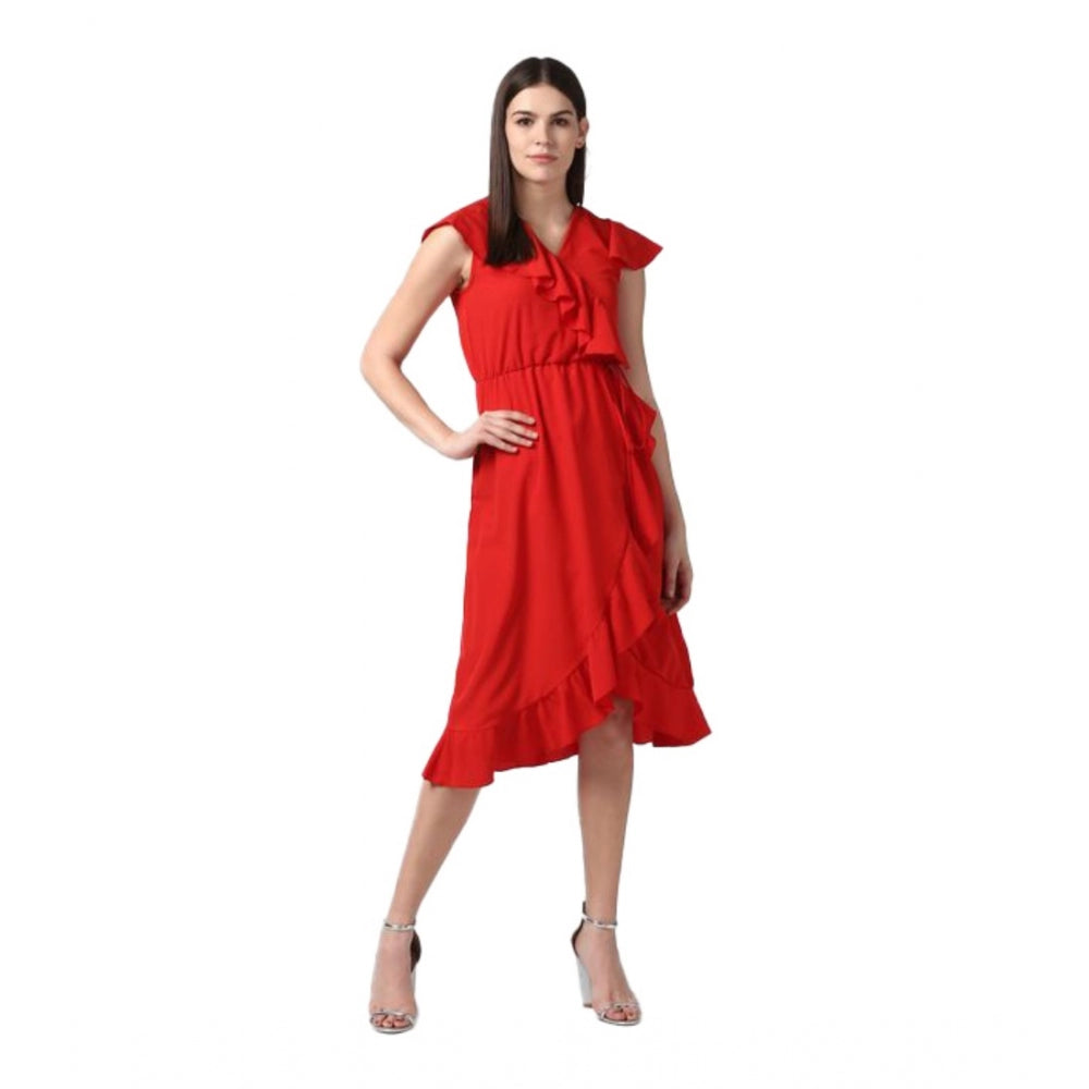 HD Women's Polyester Ruffled Cap Sleeve Knee-Length Dress (Red)